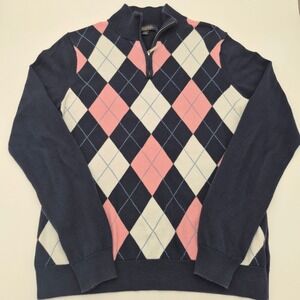 Brooks Brothers Supima Cotton Argyle Quarter Zip Sweater Navy Pink Medium